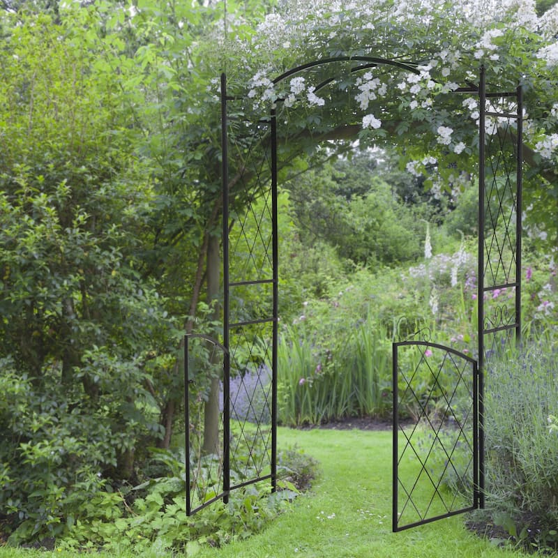 Outsunny 85inch Metal Garden Arch Arbor with Gate - Black