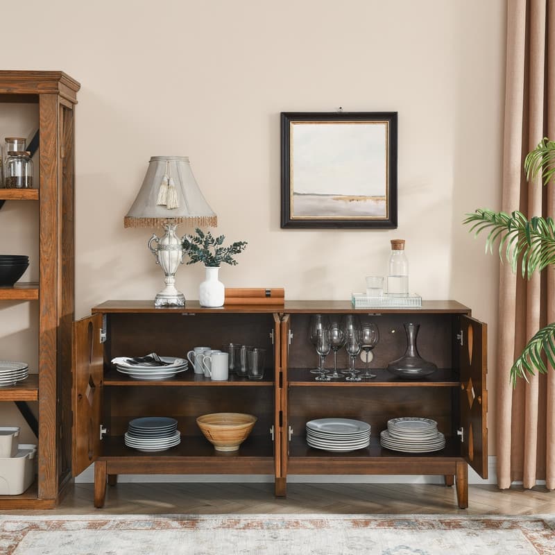 60.5" Mid Century Modern Sideboard Buffet Cabinet with 4 Doors, Adjustable Shelves, and Outlet Holes