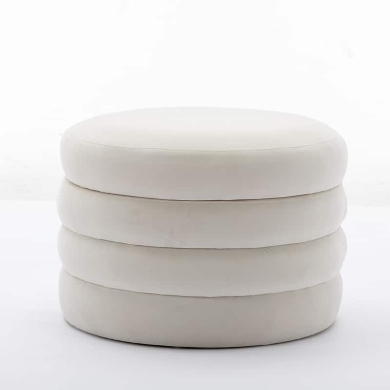 Velvet Fabric Storage Round Ottoman Footstool With Wooden Shelving