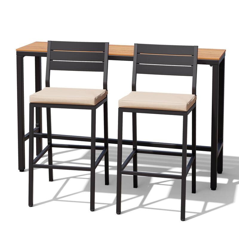 Outdoor 3-Piece Patio Bar Stools Set Rectangle Bar Table and Barstools with Cushion - Brown Table with Beige Cushion Chairs