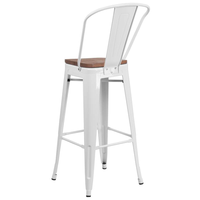 30" High Metal Barstool with Back and Wood Seat - 17.75"W x 20"D x 45.25"H
