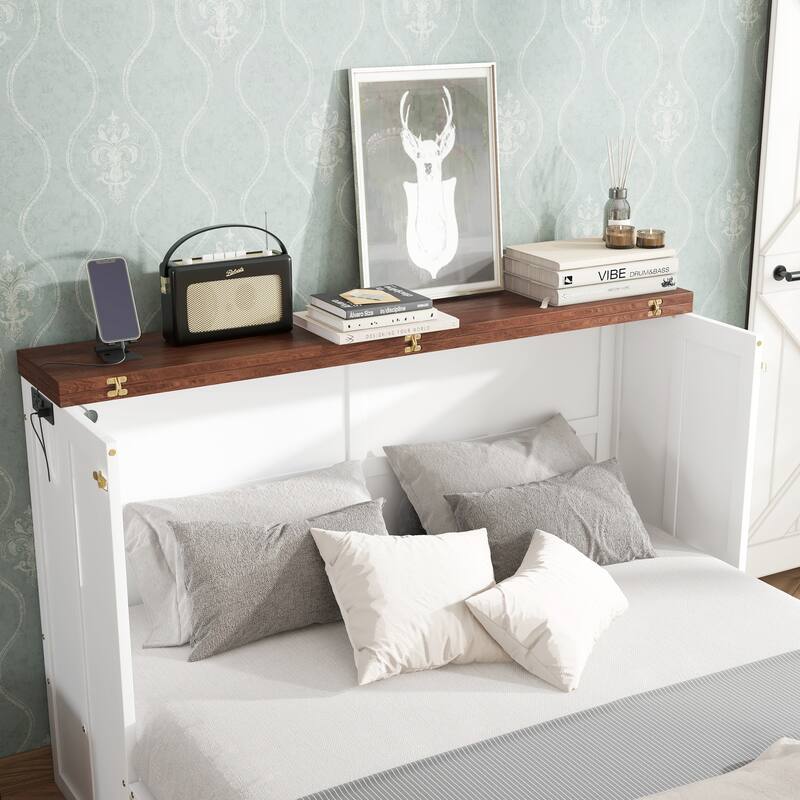 Roomfitters Queen Bed Cabinet with Storage Compartment & Charging Station, USB Ports, Solid Pine Space Saving Bed, White Walnut