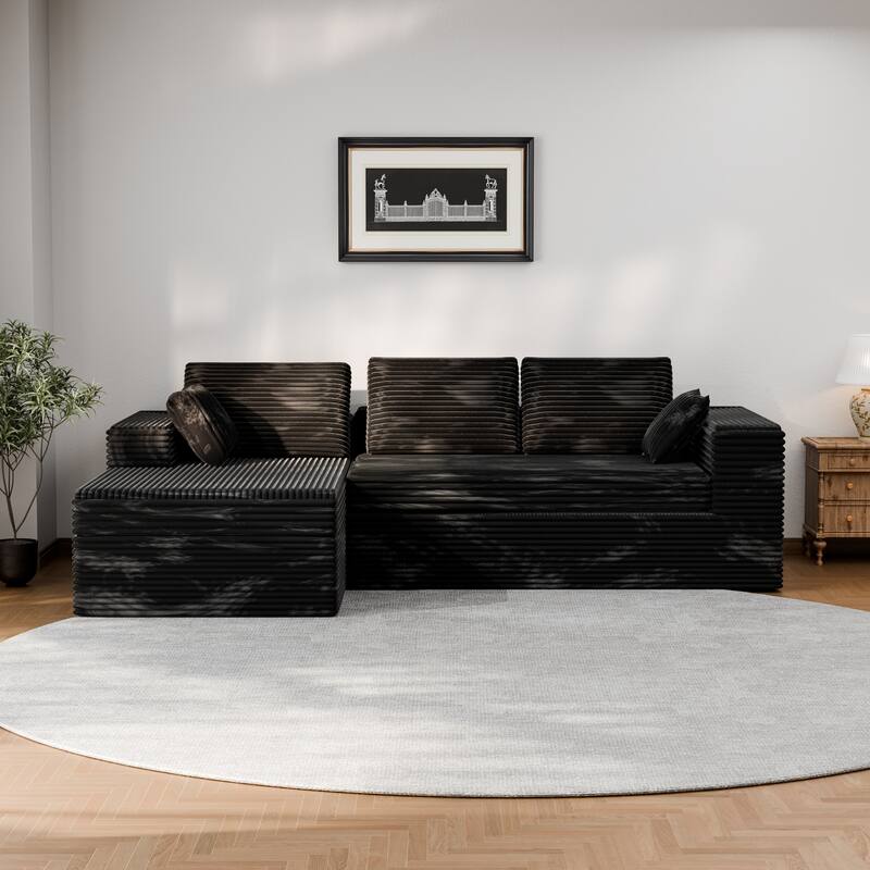 Modland 108”L-Shaped Modular Corduroy Couch with Deep Seats Comfy Sectional Sofa for Living Room - Black - Left Facing