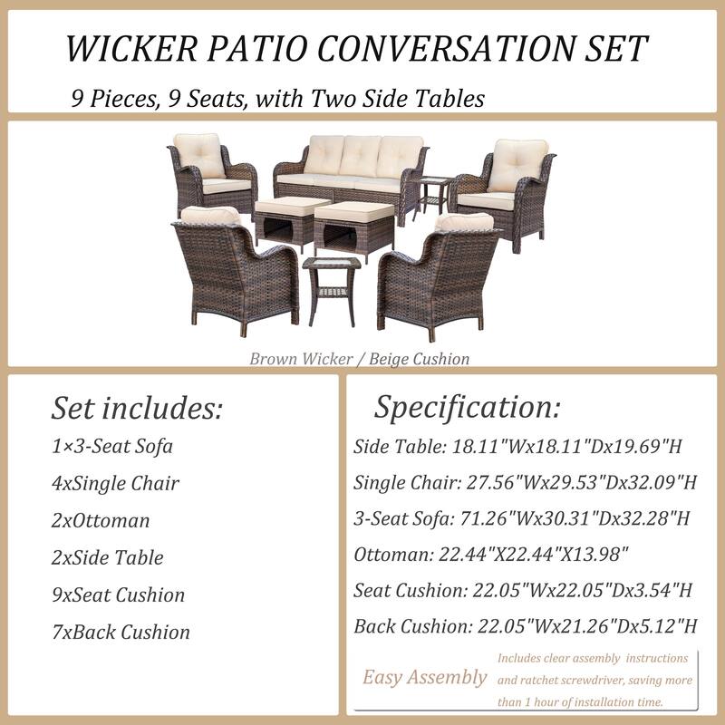 9 Piece Outdoor Patio Conversation Wicker Furniture Sofa Seating Sets