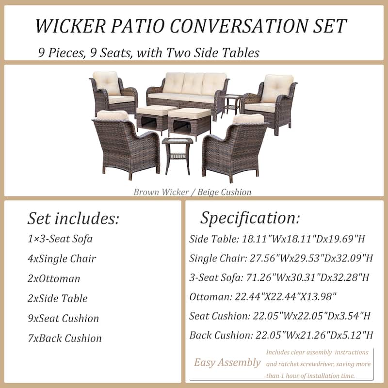 Outdoor Brown Wicker Patio Furniture Seating Sets with Beige Cushions