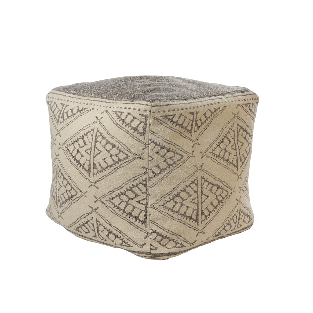 20" Taupe and Beige Geometric Handmade Square Pouf Ottoman