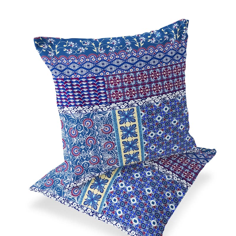 HomeRoots Set of Two 16" X 16" Blue and White Blown Seam Floral Indoor Outdoor Throw Pillow - 16.00' X '16.00' X '5.00