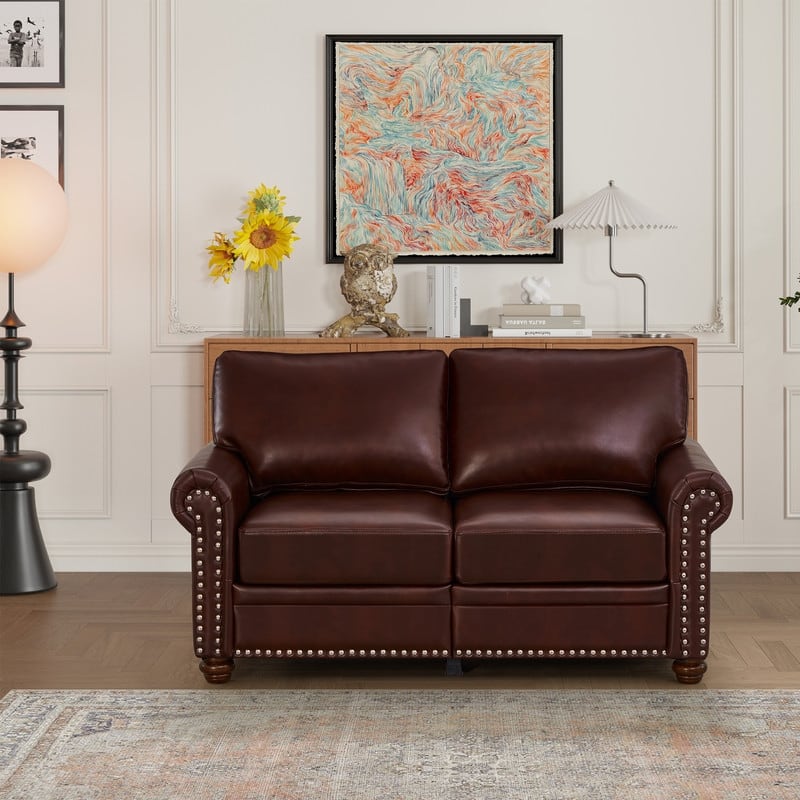 60" Faux Leather Sofa with Nailhead Trim,Traditional 2 Seater Couch with Rolled Arms