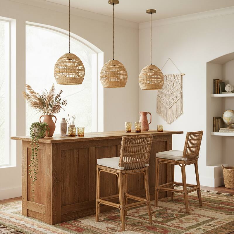 Nala1-Light Rattan Dome Pendant, Coastal Boho - Handwoven - 12" Wide