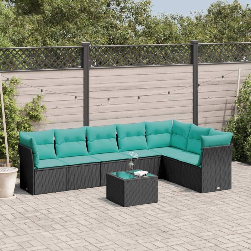 vidaXL Patio Sofa Set with Cushions Outdoor Furniture 8 Piece Poly Rattan - 21.7 x 24.4 x 27.2 - Black and blue With table