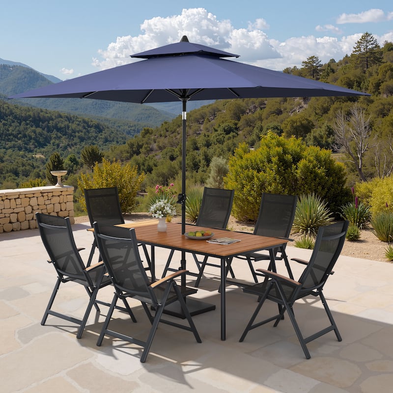 9PC Outdoor Patio Dining Set Aluminum Table with Folding Armchairs w/ Market Umbrella Sets - BrownTable&BlackChairs&NavyBlueUmbrella