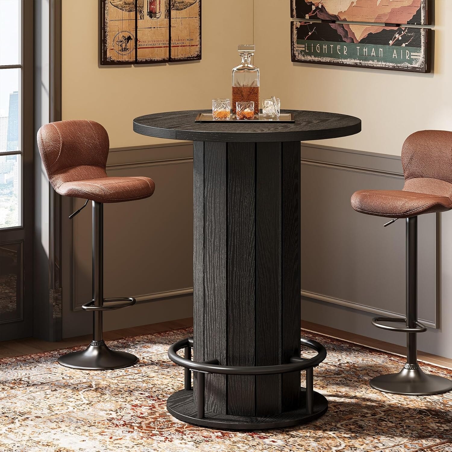 Round Bar Table, Wood Bistro Pub Table with Metal Ring Footrest