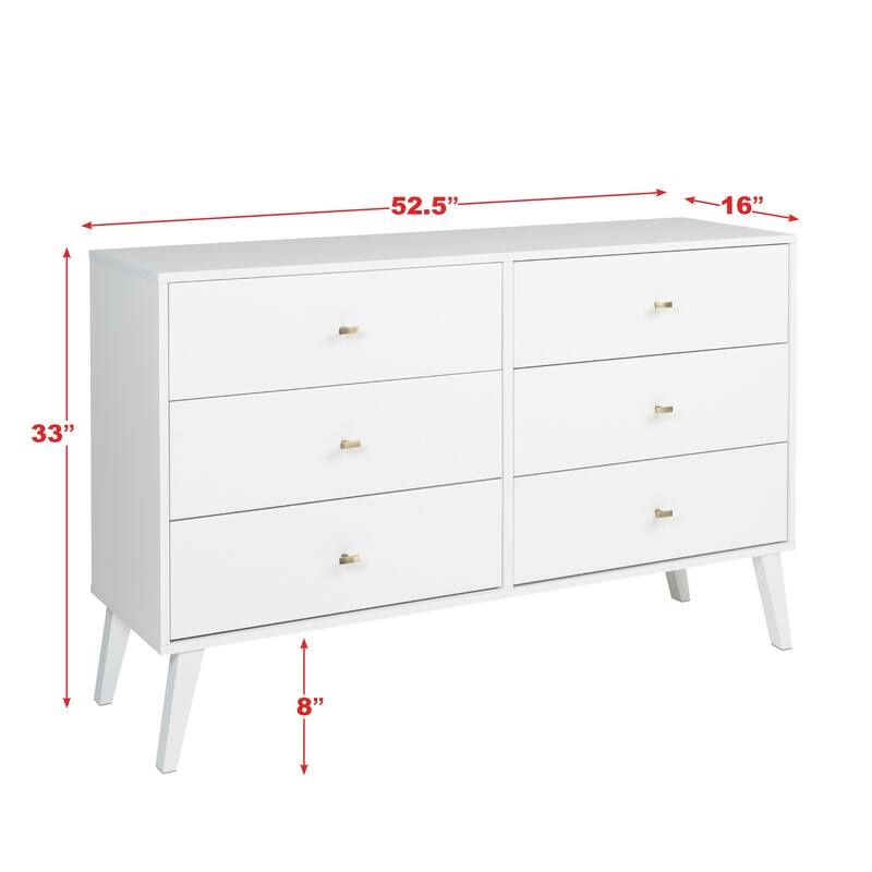 Prepac Milo Mid-Century Modern 6 Drawer Double Dresser for Bedroom, Chest of Drawers, Contemporary Bedroom Furniture
