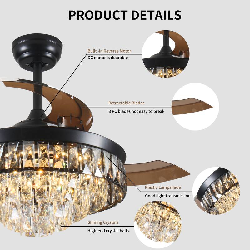 42" Invisible Ceiling Fan Chandelier Light, Crystal Ceiling Fan Light with Remote Control and 3 Retractable Blades