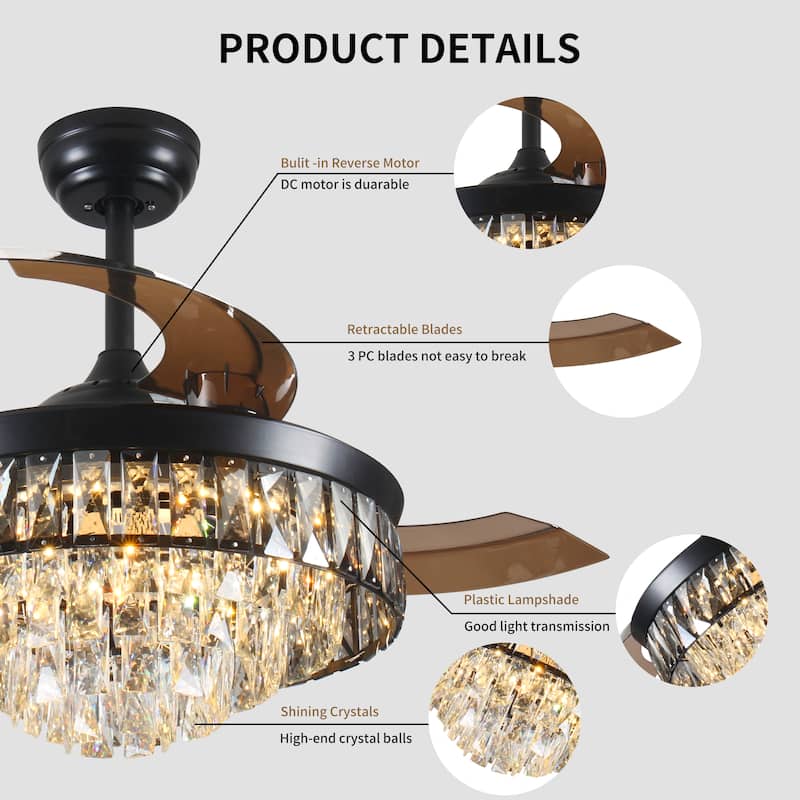 42 inch Chandelier Ceiling Fan Retractable with Light Remote 6 Speed 3 LED Crystal Black Bedroom