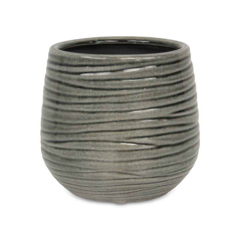 Fairloam Round Curved Wave Lined Pattern Ceramic Pot - Gray - Large
