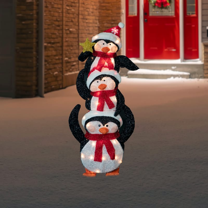 41" Lighted Stacked Penguin Family Outdoor Christmas Decoration - Black