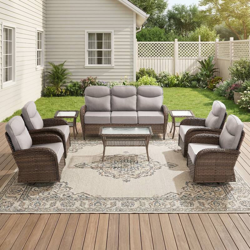 Pocassy Outdoor Sofa Swivel Chair and Ottman with Fire Pit Table - Brown Wicker Beige Cushion - 8-Piece Sofa Swivel Chiar with Table