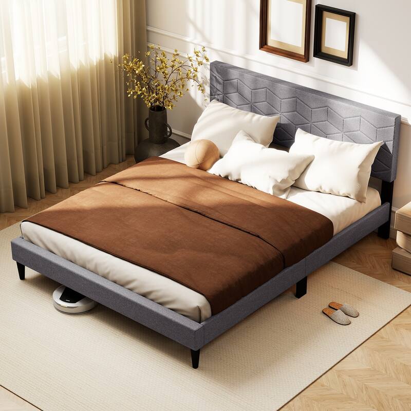Grey Upholstered Bed Frame with Linen Headboard and Low-Profile Design Box-Spring-Free Setup