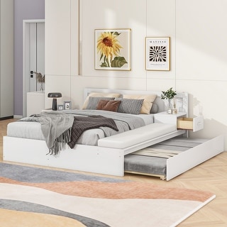 Full Size Hydraulic Platform Bed with Trundle, Storage, Side Table, and Lounge, White