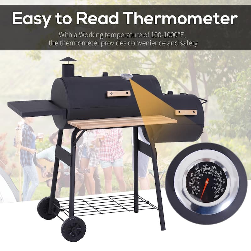 48" Steel Portable Backyard Charcoal BBQ Grill and Offset Smoker Combo with Wheels