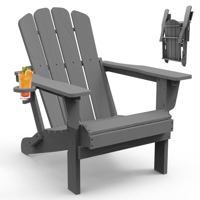 Domi Folding Adirondack Chair,Wooden Textured with Cup Holder,HDPE