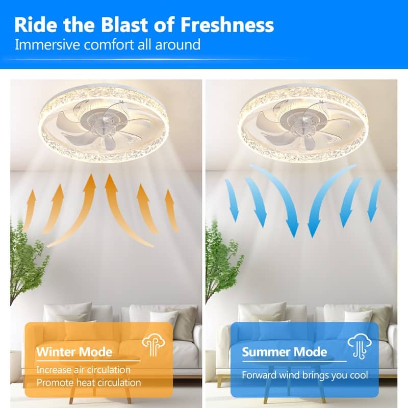 Modern Ceiling Fan Light, Remote, Dimmable LED, 6-Speed, Quiet, Flush Mount