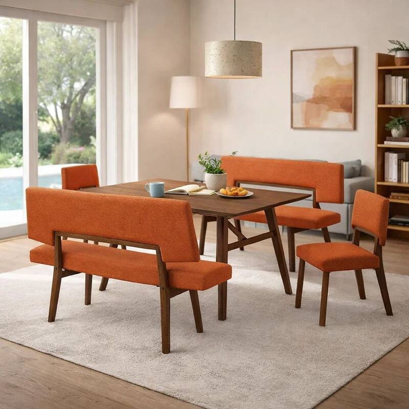 Yumi 5 Piece Dining Table Set, Chairs, Benches, Orange Fabric, Wood Brown