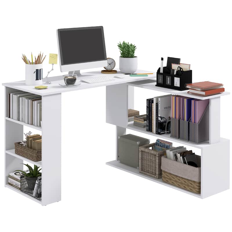 HOMCOM 360° Rotating L-Shaped Corner Desk: White, with Storage Shelves