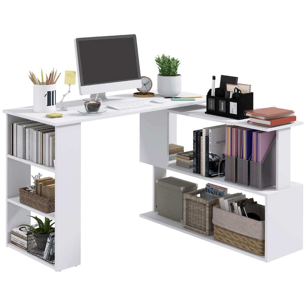 L Shaped Corner Desk, 360 Degree Rotating Home Office Desk with Storage Shelves, Writing Table Workstation, White