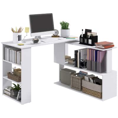 L Shaped Corner Desk, 360 Degree Rotating Home Office Desk with Storage Shelves