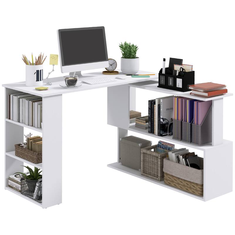 Modern L Shaped Computer Office Desk with 360 Degree Rotating Support and Ample Storage Cell for Small Offices and Bedrooms