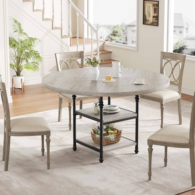 47" Round Dining Table for 4–6, Modern Wood Table with Storage Shelf & Roman Metal Legs, Table Only