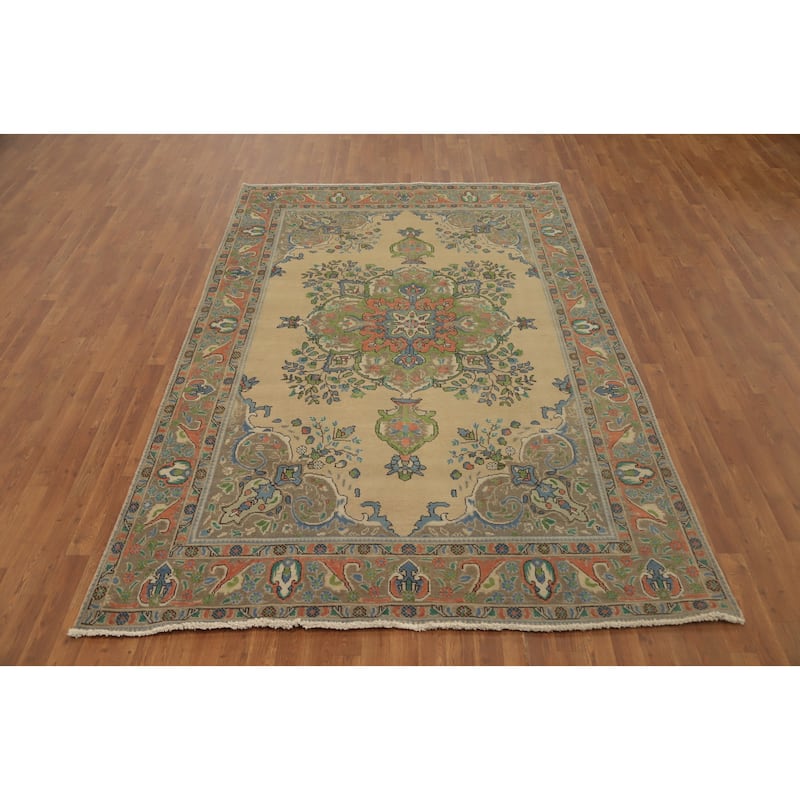 Hand Knotted Oriental 100% Wool Carpet Traditional Floral Beige & Ivories Tabriz Area Rug - 9' 11'' X 6' 7''