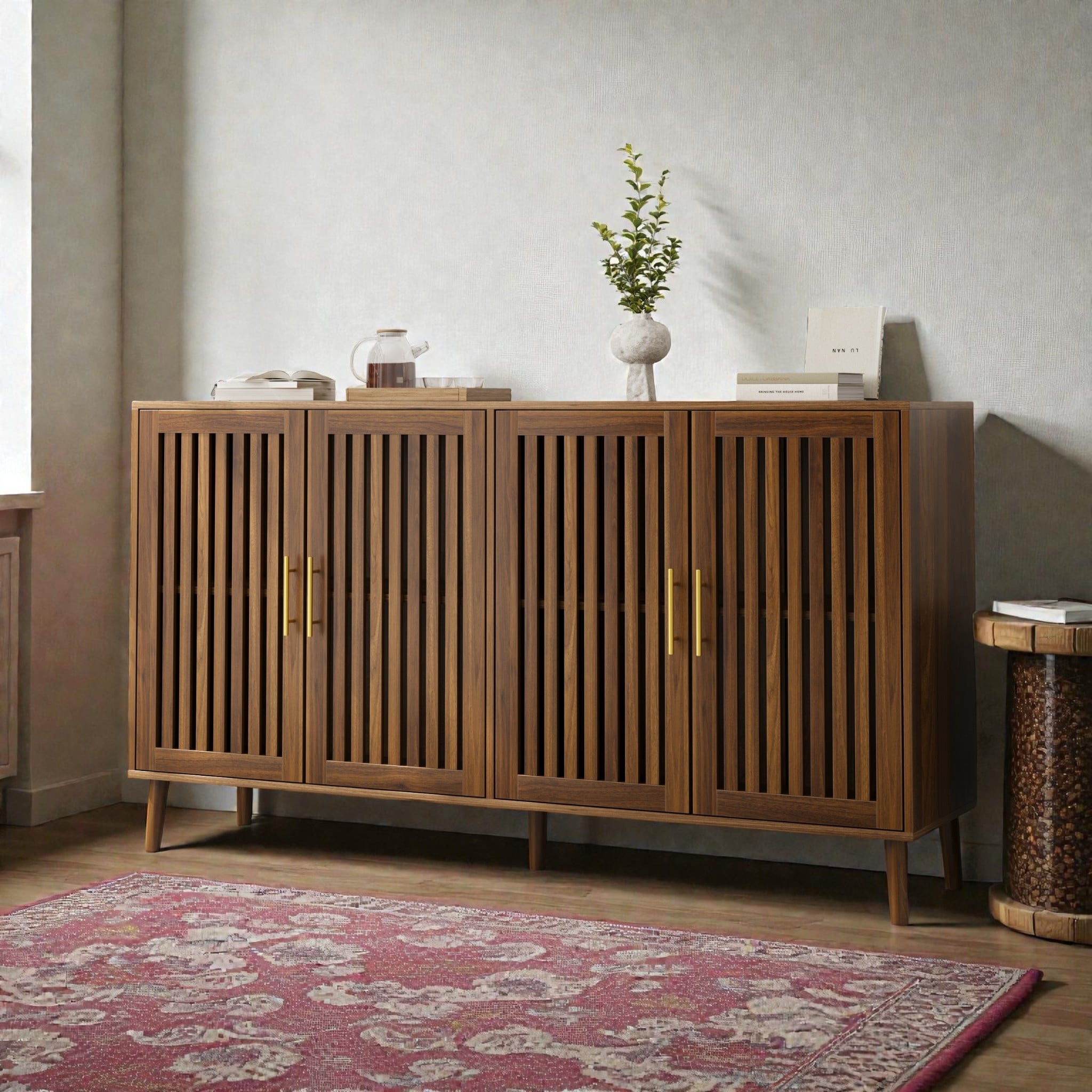 63 Inch Sideboard Buffet Cabinet with Grille Doors, Four Door Storage Cabinet for Dining Room, Living Room or Entryway