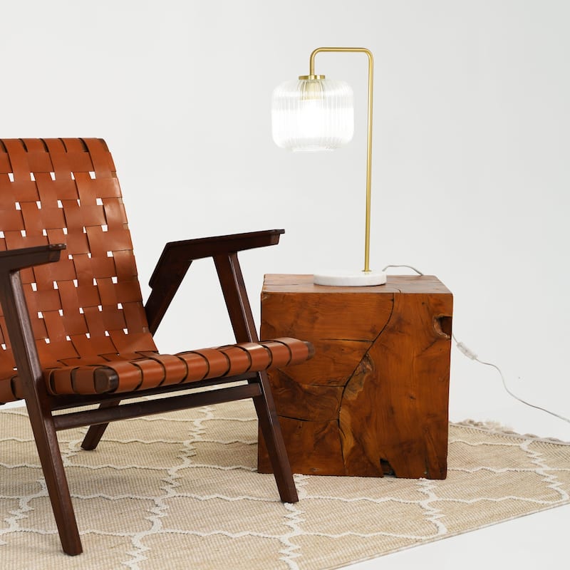 Haven Clear Glass Table Lamp with Gold Brush Metal and Marble Base, Button Control, 23-Inch Height