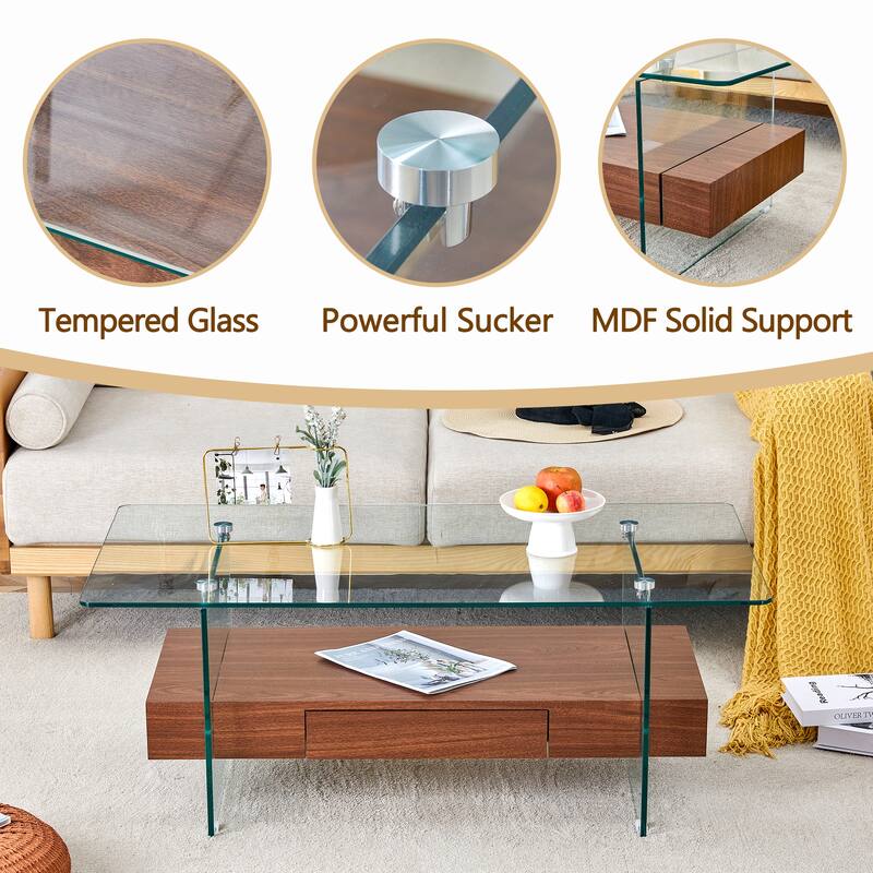 43.3 Inch Modern Two-Tier Coffee Table - Clear Tempered Glass and Walnut Grain Texture, Multifunctional Storage Design.T