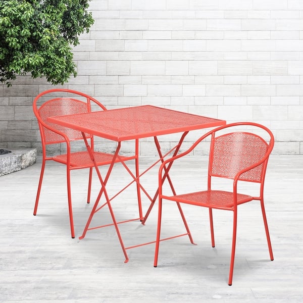 slide 2 of 25, 28'' Square Indoor-Outdoor Folding Patio Table Set with 2 Round Back Chairs Coral