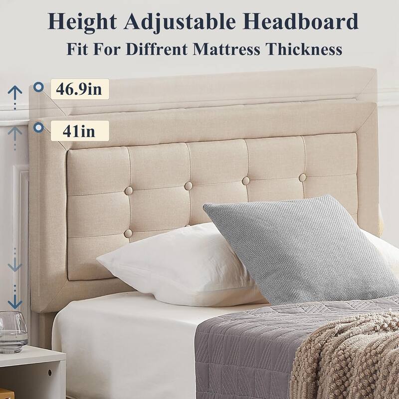 VECELO Tufted Upholstered Kids Bed with Adjustable Headboard,Twin Size Bed Set of 2