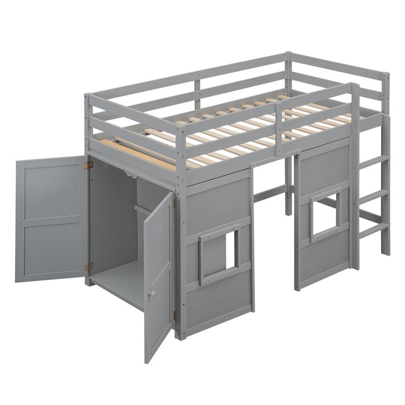 Twin Size Wood Loft Bed with Built-in Storage Wardrobe and Guardrails