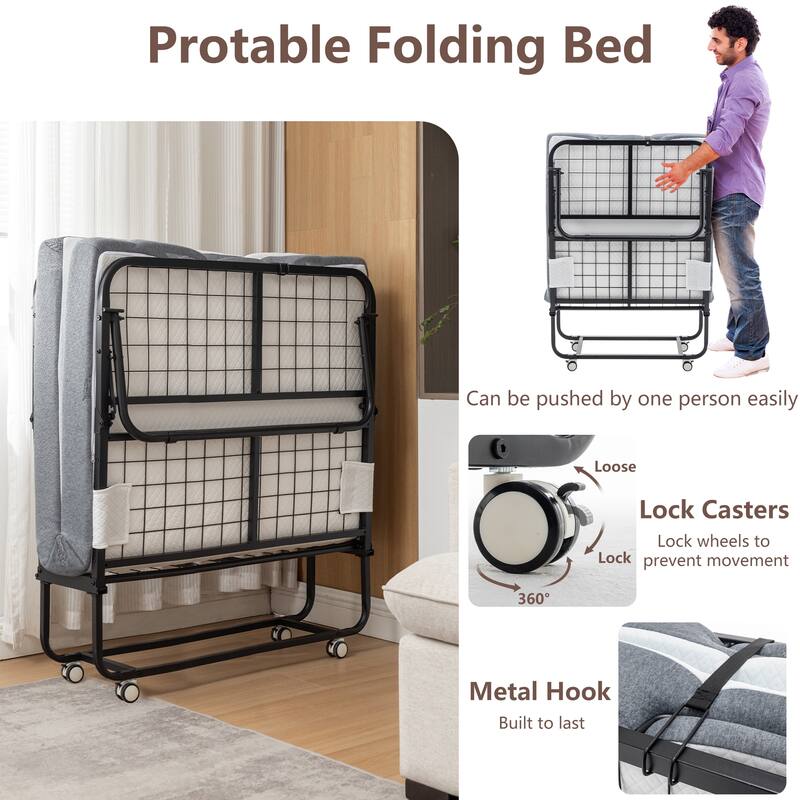 Folding Bed with Mattress, SPortable Foldable Bed with Storage Cover, SRollaway Bed with Memory Foam Mattress and Metal Frame