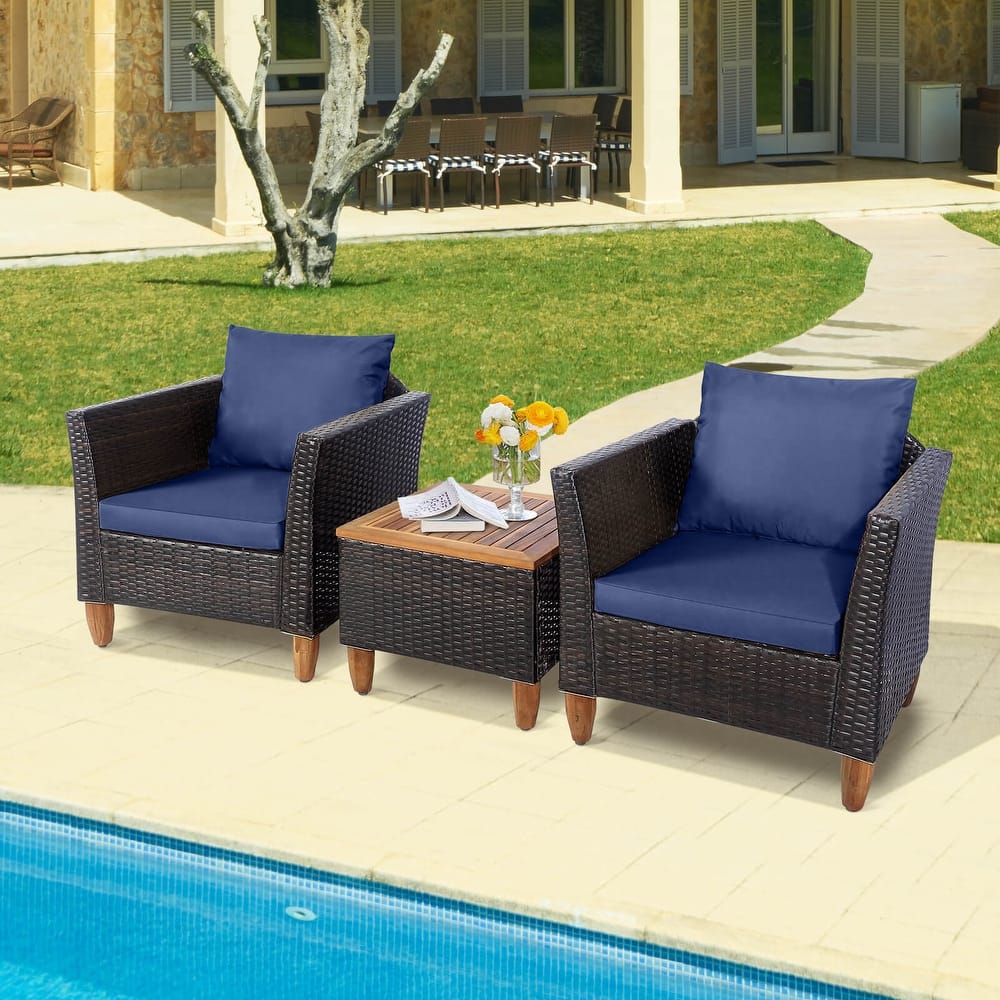Costway 3PCS Patio Wicker Rattan Sofa Set Furniture Acacia Wood