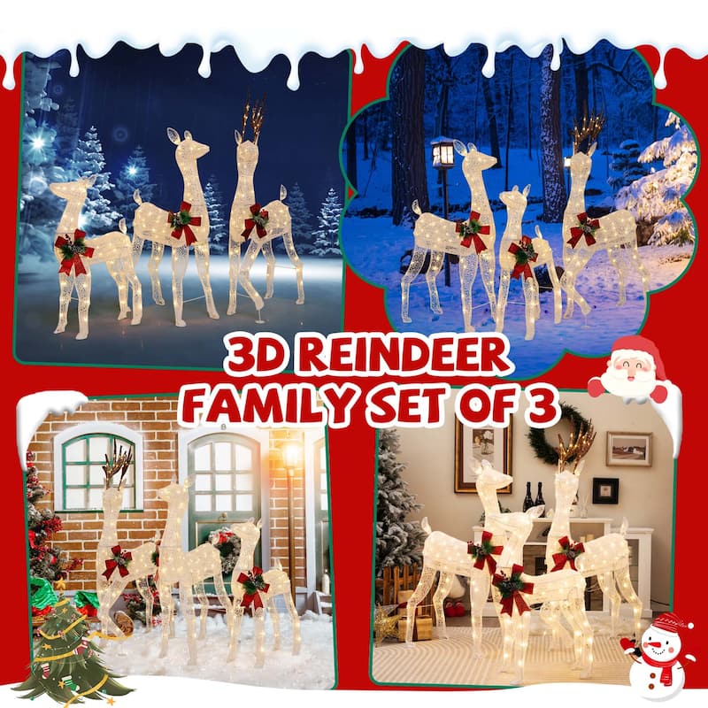 3 PCS Pre-lit Christmas Reindeer 3D Lighted Glitter Deer Decoration - White