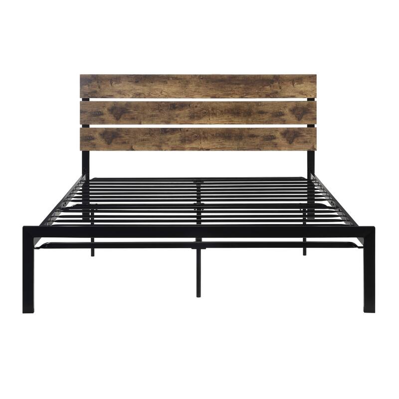 Mars Queen Platform Bed, Brown Faux Wood Slat Headboard, Black Metal Frame