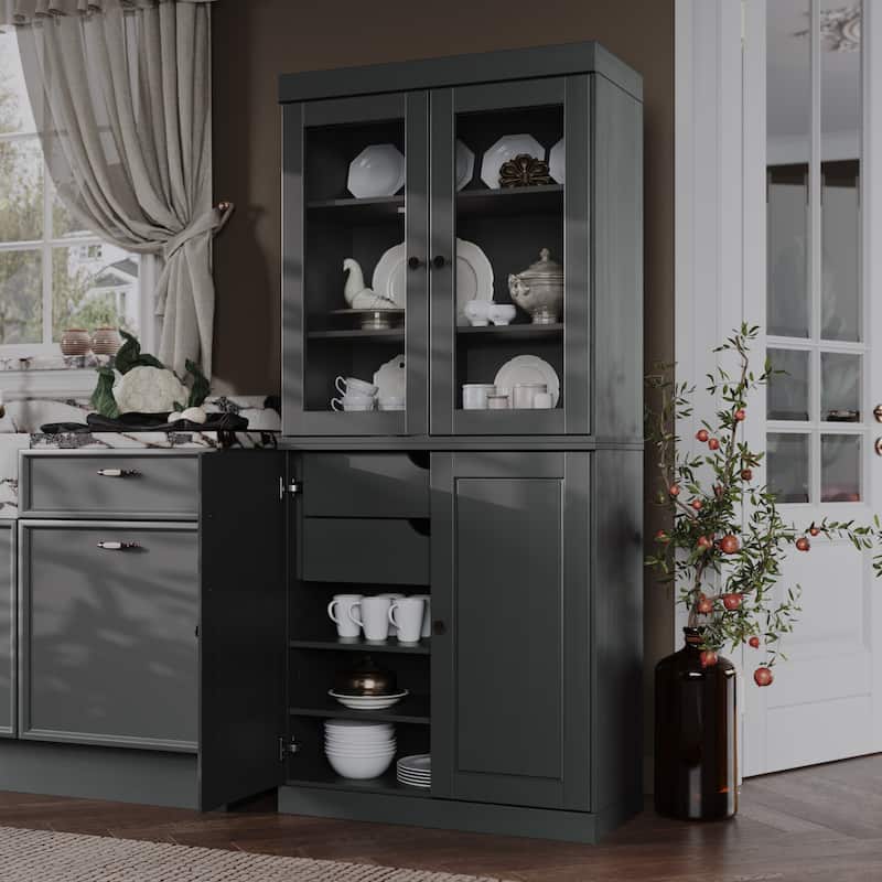 Palace Imports 100% Solid Wood Pantry Cabinet with Frosted, Clear Glass or Solid Doors, 2-Drawers and Adjustable Shelves - Gray - Clear Glass-Solid