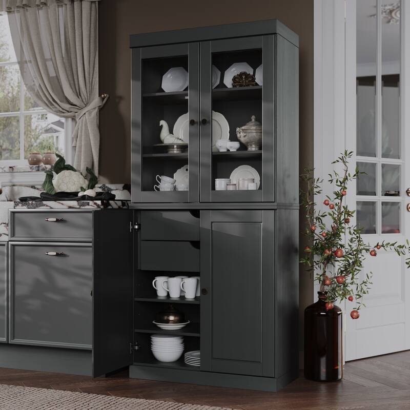 Palace Imports Solid Wood Pantry Cabinet, Raised Panel & Clear Glass Doors, 2 Drawers, Adjustable Shelves - Gray