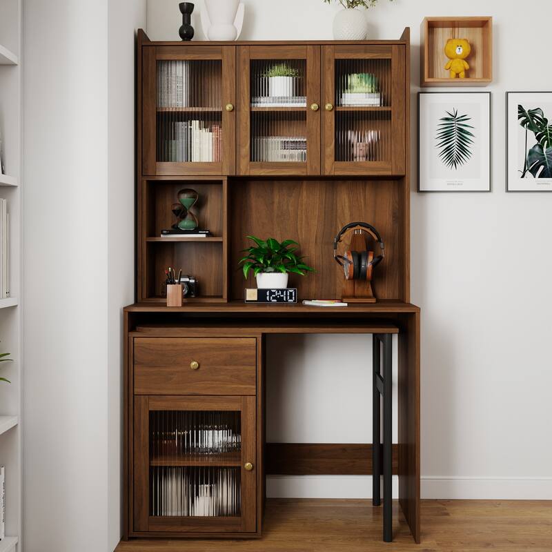 Computer Desk with glass door for Home Office or Study desk, Bookshelf & Hutch, Computer Desk with 90 Degree Rotating Desktop