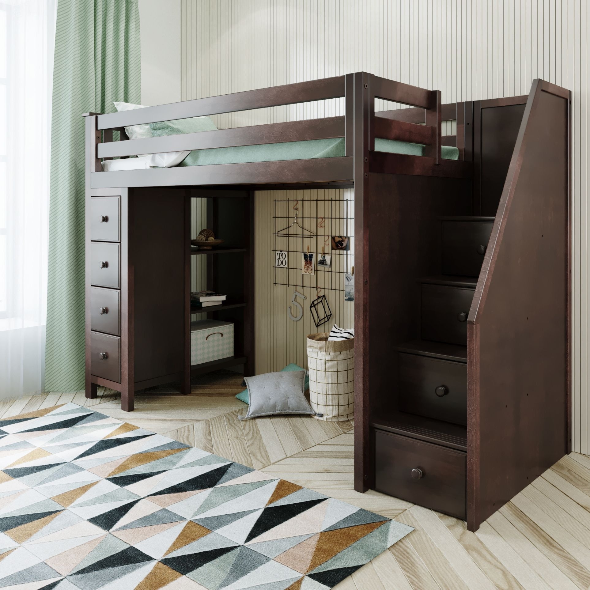 A dark brown loft bed with stairs on the right, built-in desk and storage underneath. White pegboard wall decor behind, rug visible.