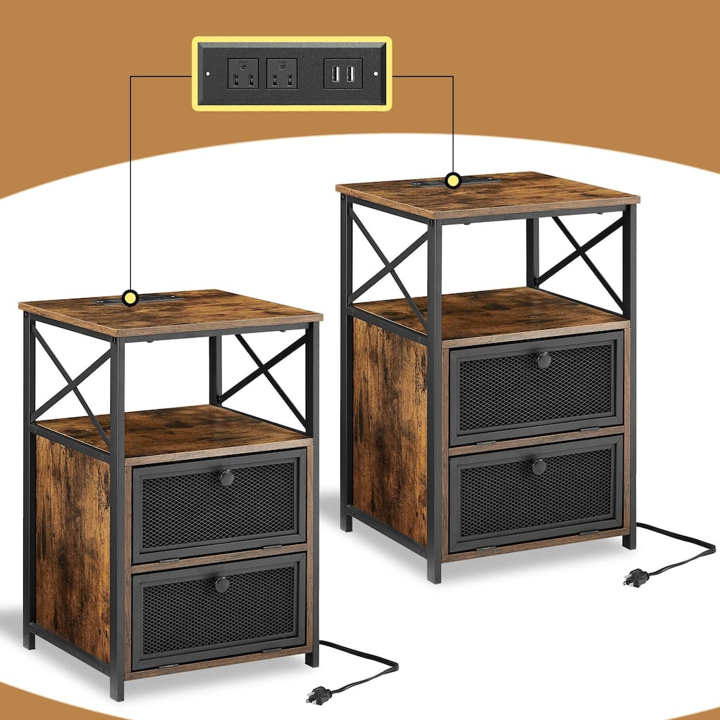 Nightstand with Charging Station, Small Night Stand with Storage Drawers and Shelf, Bedside Table with USB Ports & Outlets