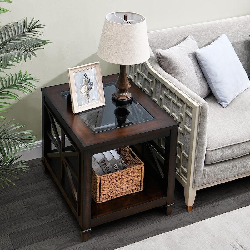 2-Tier 45.5" X 26" Solid Wood Coffee Table Tempered Glass Top